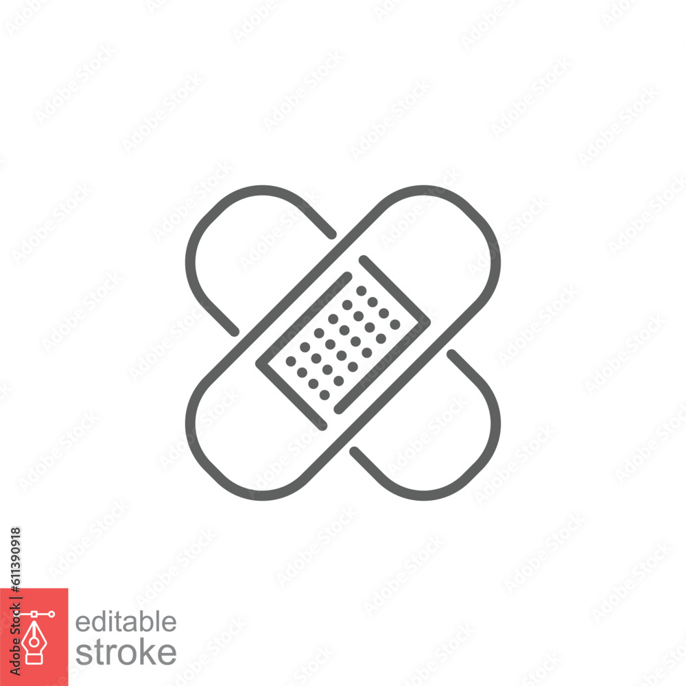 Adhesive plaster icon. Simple outline style. Heal, bandage, wound, cure hurt, repair, medicine concept. Thin line symbol. Vector illustration isolated on white background. Editable stroke EPS 10. Adhesive plaster icon. Simple outline style. Heal, bandage, wound, cure hurt, repair, medicine concept. Thin line symbol. Vector illustration isolated on white background. Editable stroke EPS 10.