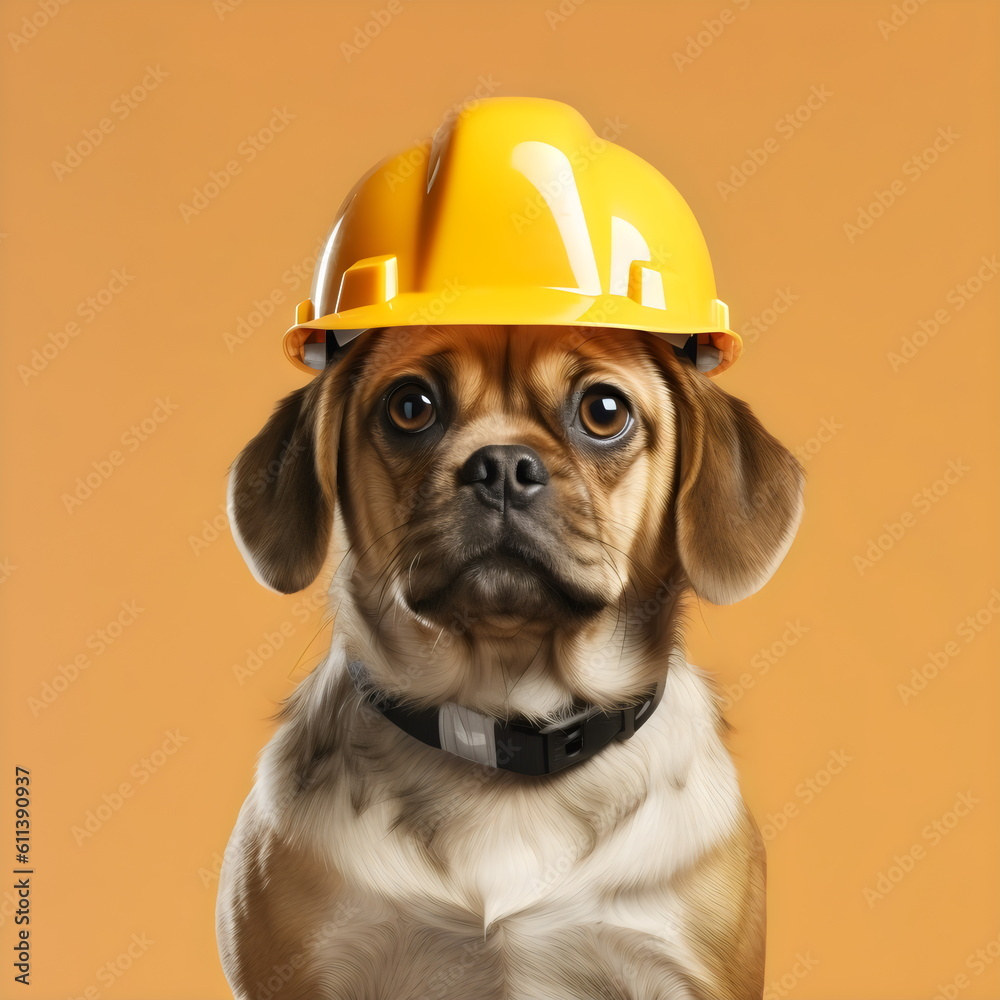 dog wearing yellow hard hat isolated on orange studio background, made with generative ai dog wearing yellow hard hat isolated on orange studio background, made with generative ai