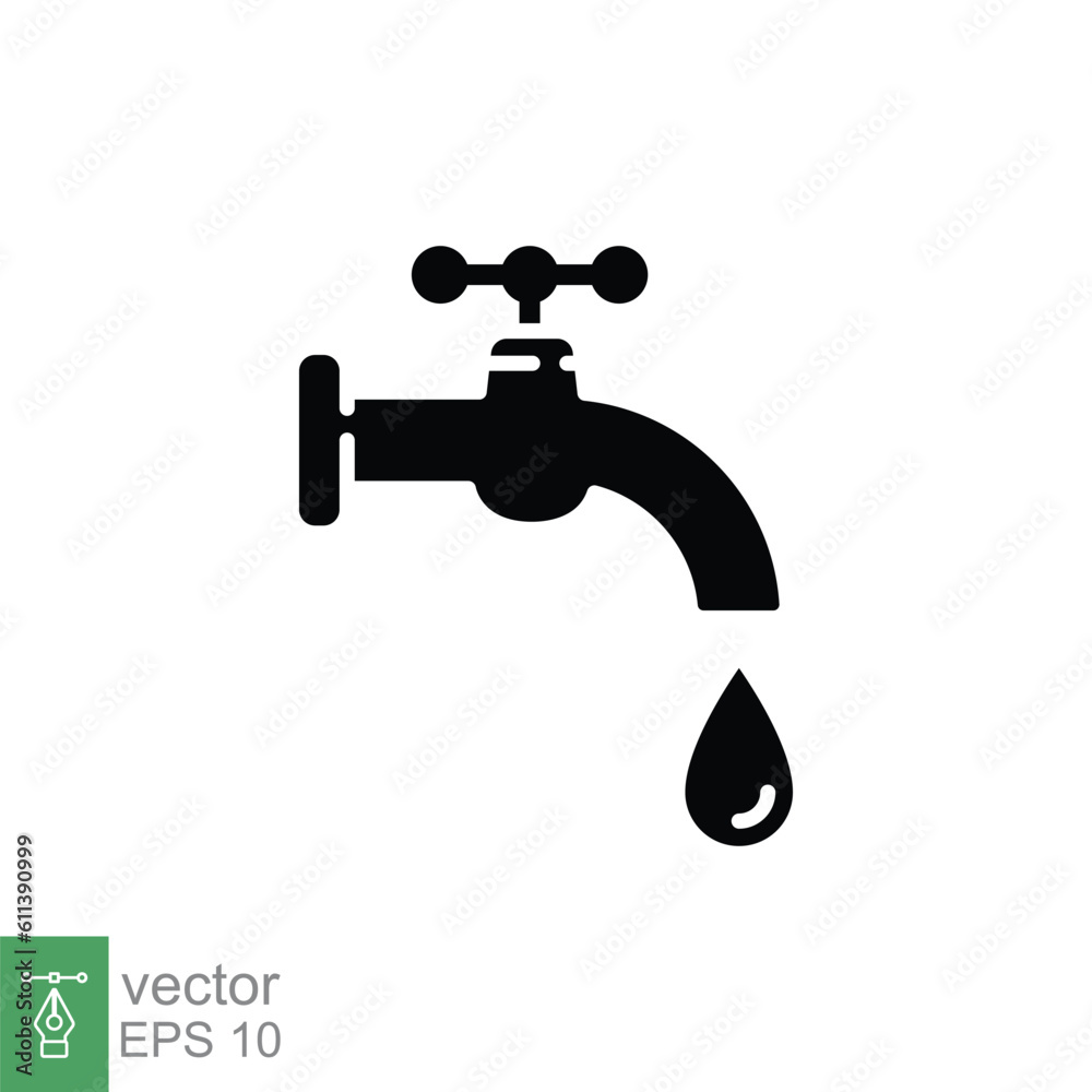 Water tap icon. Simple solid style. Faucet, pipe, leak, valve, drop water, leaky, dripping tap concept. Black silhouette, glyph symbol. Vector illustration isolated on white background. EPS 10.