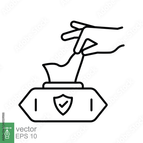 Hand pulling wet tissue icon. Simple outline style. Hand tissues box, handkerchief, wash, hygiene concept. Thin line symbol. Vector illustration isolated on white background. EPS 10.