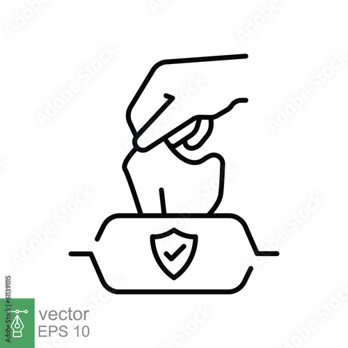 Hand pulling wet tissue icon. Simple outline style. Hand tissues box, handkerchief, wash, hygiene concept. Thin line symbol. Vector illustration isolated on white background. EPS 10.