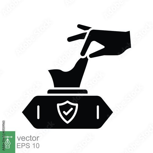 Hand pulling wet tissue icon. Simple solid style. Hand tissues box, handkerchief, wash, hygiene concept. Black silhouette, glyph symbol. Vector illustration isolated on white background. EPS 10.