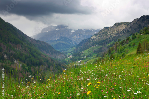 Summer landscape of Sella mountains in the Dolomites, Italy, Europe photo