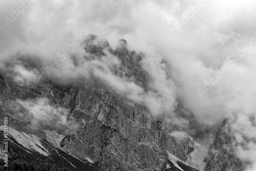 Mountain peak of Monte Cristallo, north face 3221 m., in the sexten Dolomites near Cortina d\'Ampezzo (Dolomiti Ampezzane), UNESCO world heritage site, Veneto and Trentino-Alto Adige, Italy, Europe. photo