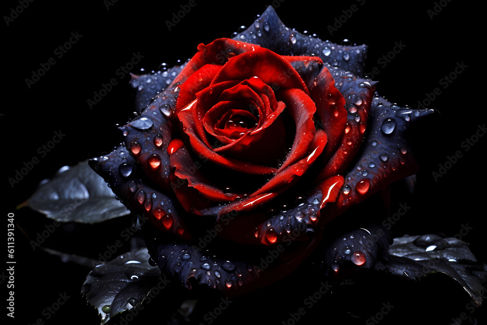 A beautiful rose with black and red colors on a dark background created with Generative AI technology