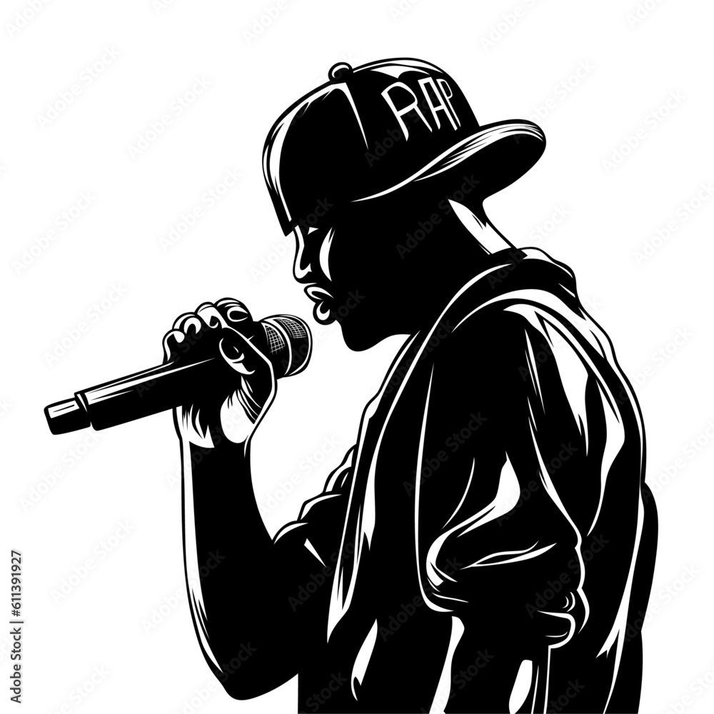 Hip Hop Singer or Rapper singing vector illustration, hip hop rap artist wearubg a hat and holding a mic black and white vector image - obrazy, fototapety, plakaty 