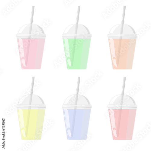 Plastic cup with dome cap and cocktail tube, color. For milkshake and lemonade, juice, tea and smoothie. Vector illustration