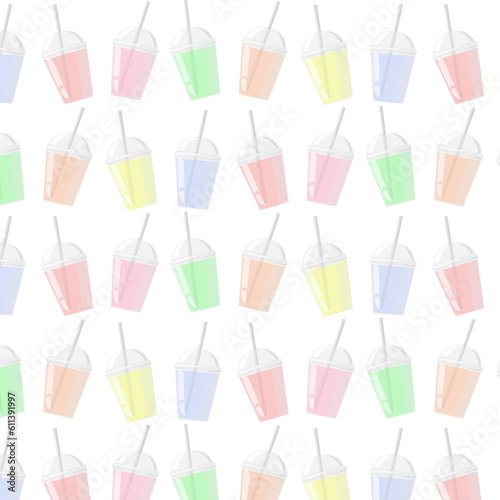 Seamless pattern plastic cup with dome cap and cocktail tube, color. For milkshake and lemonade, juice, tea and smoothie. Vector illustration