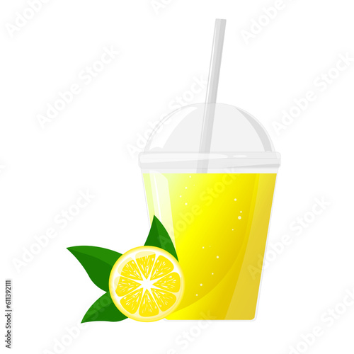 Yellow fresh lemon juice in plastic glass. Citrus juice in clear plastic cup. Vector illustration for design of fresh product, juice, canned food, menu for cafe