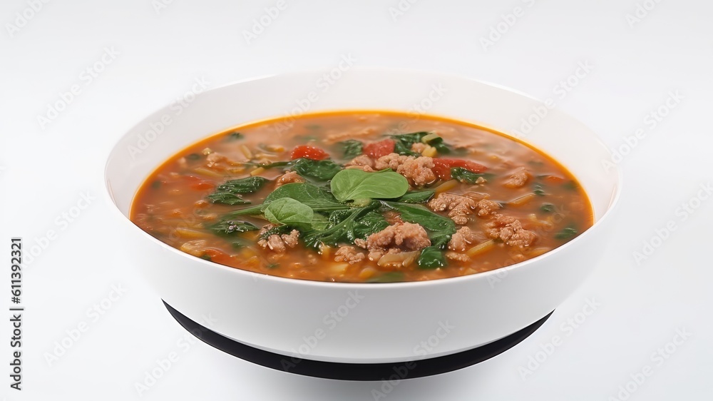 A warm bowl of lentil and sausage soup with tomatoes and spinach on White Background with copy space for your text created with generative AI technology