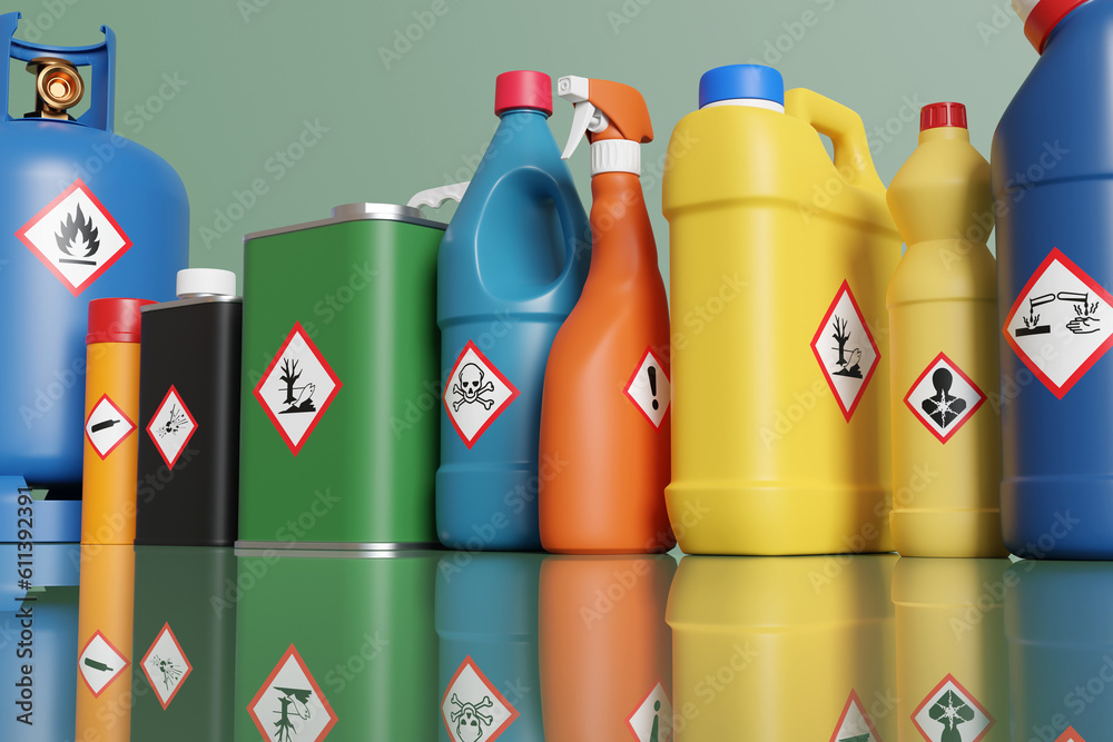 Plastic bottles and metallic tins having with different hazardous warning labels. Illustration