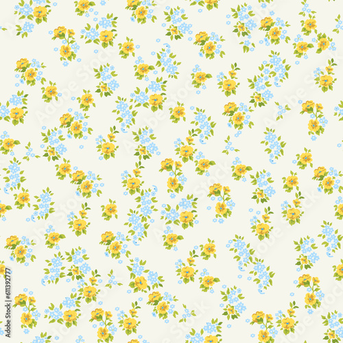 Floral pattern. Beautiful flowers on a light background. Print with small yellow and blue flowers. Seamless vector texture. Spring bouquet. Stock vector.