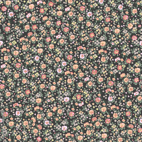 Floral pattern. Beautiful purple and red flowers on a dark green background. Seamless vector texture. Spring bouquet.