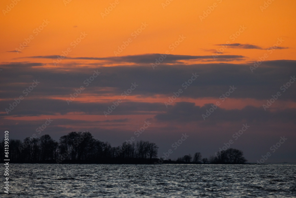 Coastal landscape photo with silhouettes of bare trees at sunset