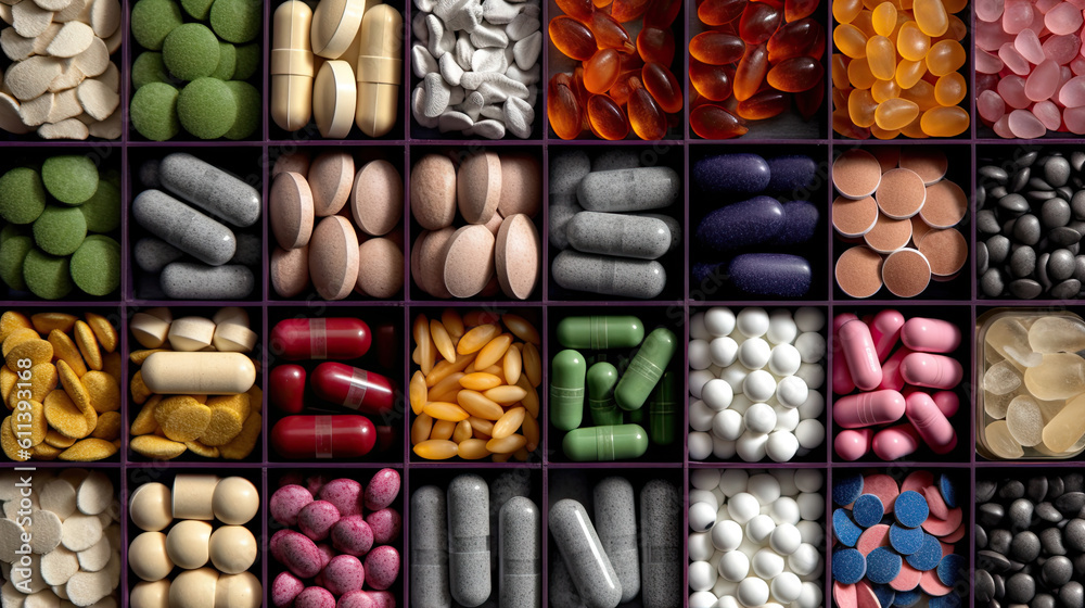 Collage of different colorful pills, Public health, disease prevention Generative AI Collage of different colorful pills, Public health, disease prevention Generative AI