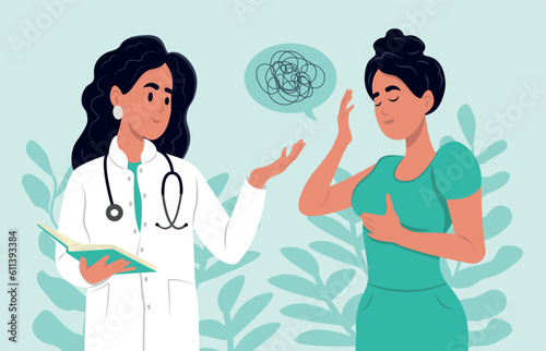 PTSD awareness month is observed every year in june. A depressed woman is talking to a doctor. sad girl is powerless and apathetic, without motivation. Concept of mental health.