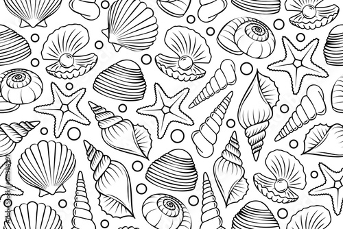 Line art seamless pattern with outline shells and mollusks. Linear illustrations with underwater creatures in black and white colors.