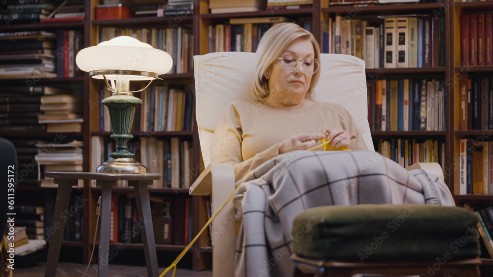 Grandmother knitting in a home library in the evening, relaxing hobby, leisure Grandmother knitting in a home library in the evening, relaxing hobby, leisure