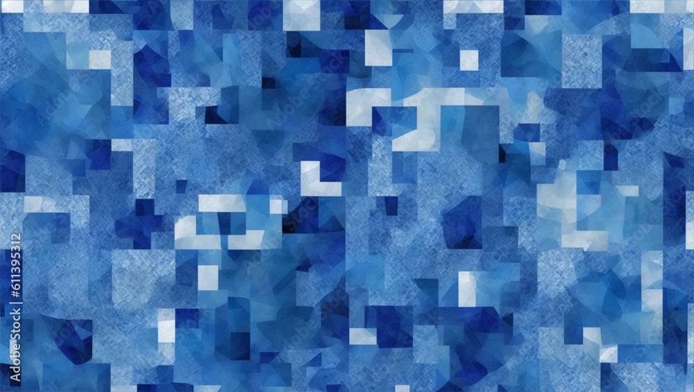Dark blue white pattern. Chaotic. Geometric shape background for design. Squares, rectangles or block. Seamless. Abstract. Mosaic, collage. Generative ai