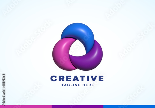 Inflated 3D Vector Ribbon Rotation Loop Circle. Abstract Vector Logo Template. Modern Geometry Infinity Swirl Sign with Triple Colorful Intertwined Elements Isolated