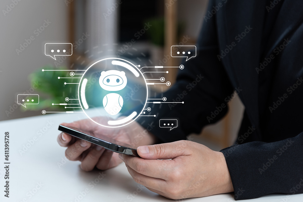 AI tech with chatbot, businessman using mobile phone to communicate with AI and ask business questions icons, artificial intelligence solves human problems for users to achieve intelligent results. AI tech with chatbot, businessman using mobile phone to communicate with AI and ask business questions icons, artificial intelligence solves human problems for users to achieve intelligent results.
