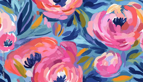 Cute hand drawn abstract flowers print. Modern cartoon style pattern. Fashionable template for design. Pink flower pattern, with blue backgrounds, vibrant acrylic colors brush strokes, vibrant florals