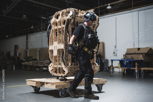 American engineer is testing a futuristic bionic exoskeleton and picking up objects in a industry factory. Contractor is heavy lifting parts in a powered shell, created with Generative AI photo