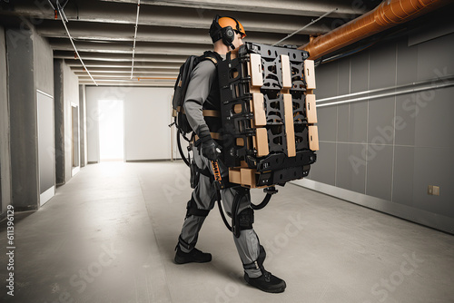American engineer is testing a futuristic bionic exoskeleton and picking up objects in a industry factory. Contractor is heavy lifting parts in a powered shell, created with Generative AI