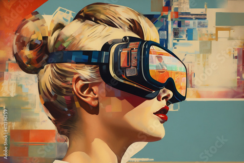 Collage illustration of a woman wearing a virtual reality glass. Generative AI