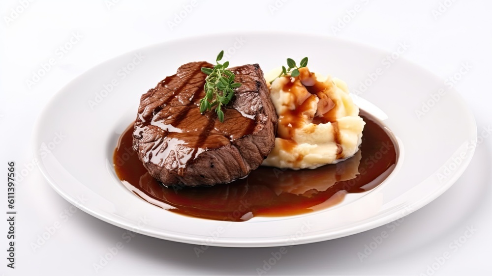 A plate of grilled beef tenderloin with mashed potatoes and gravy on White Background with copy space for your text created with generative AI technology A plate of grilled beef tenderloin with mashed potatoes and gravy on White Background with copy space for your text created with generative AI technology