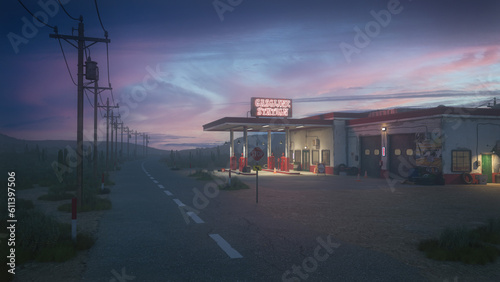 Vászonkép Remote gas station on an empty desert road at night