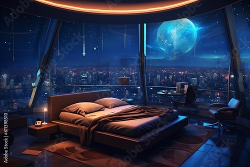 Fototapeta Naklejka Na Ścianę i Meble -  Futuristic bedroom, generative ai