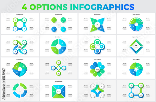 Set of cycle diagrams with 4 options, steps or processes. Circles, squares and other abstract elements for infographic