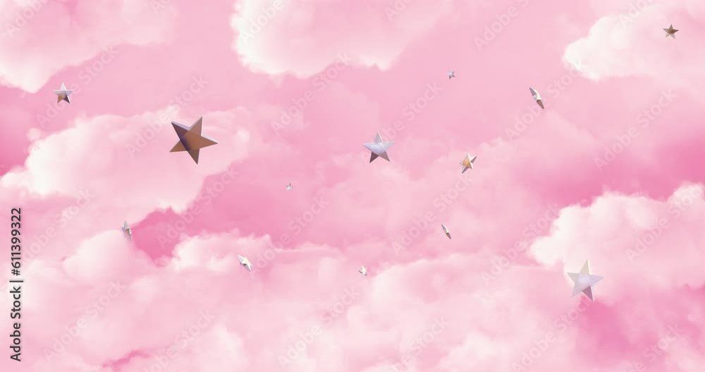 Animated background. Flying in to the sweet world with pink clouds and candies levitating around