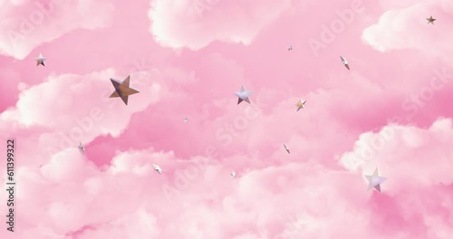 Animated background. Flying in to the sweet world with pink clouds and candies levitating around