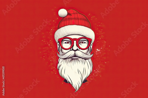 Merry Christmas greeting card with paper hipster Santa Claus beard, mustache and xmas hat. Modern paper cut style background. Generative AI