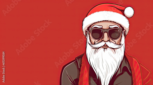 Merry Christmas greeting card with paper hipster Santa Claus beard, mustache and xmas hat. Modern paper cut style background. Generative AI