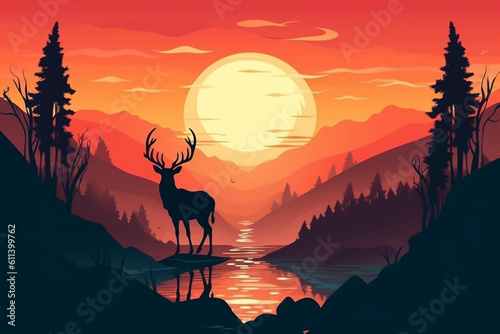 silhouette of a deer, deer in the sunset, vector, deer in nature