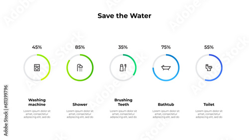 Illustration with tips on saving water consumption. Ecology infographic