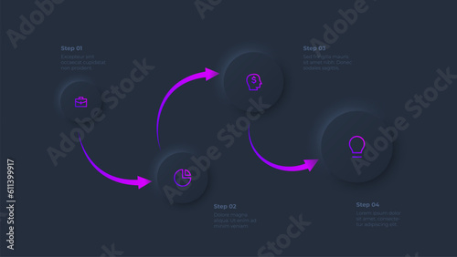 Four circles with arrows. Dark neumorphism infographic illustration. Growth example with 4 steps