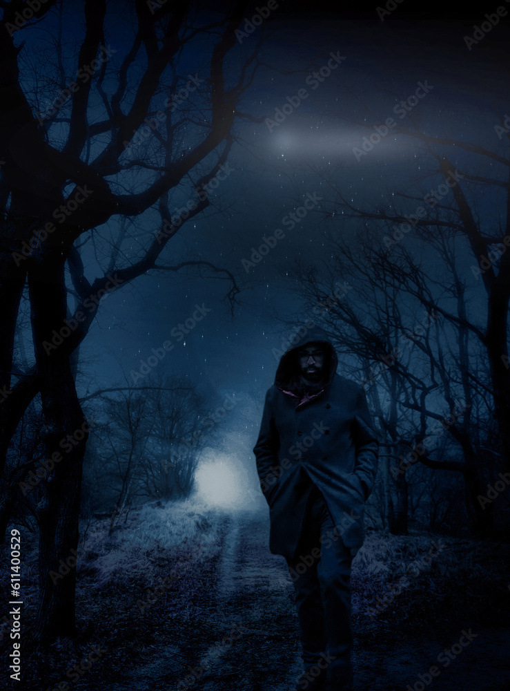 the mysterious forest and a person with cape and bright light and stars the mysterious forest and a person with cape and bright light and stars