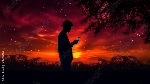 Silhouete of a person holding a cell phone outside with sunset © Jardel Bassi