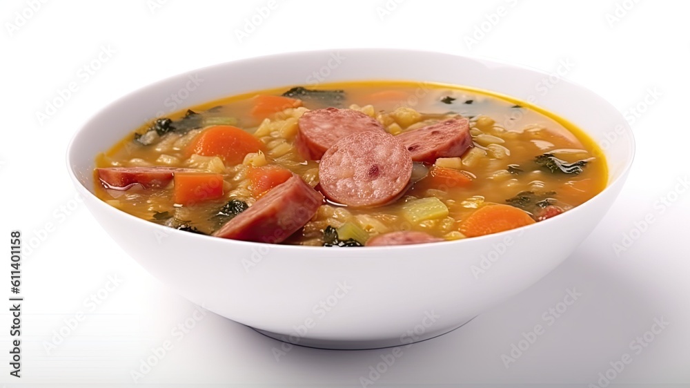 A warm bowl of lentil soup with smoked sausage and vegetables on White Background with copy space for your text created with generative AI technology