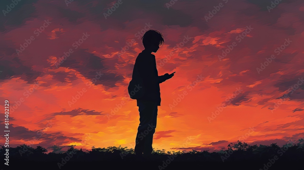 Silhouete of a person holding a cell phone outside with sunset
