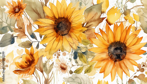 Watercolor sunflower flowers print. Trendy bright collage pattern. Fashionable template for design