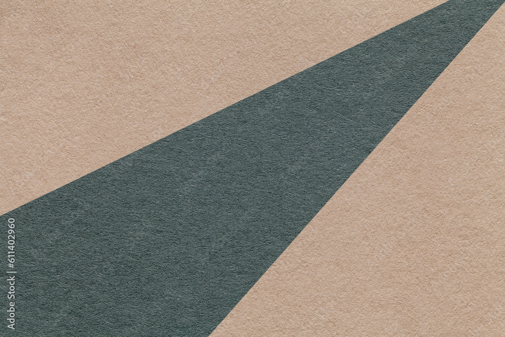 Fototapeta premium Texture of old craft beige and green color paper background, macro. Vintage abstract brown cardboard with teal gradient