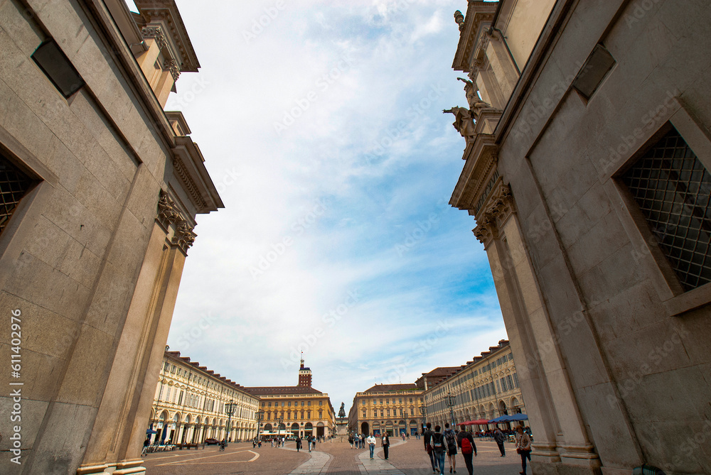 Fototapeta premium Piazza San Carlo square and twin churches of Santa Cristina and San Carlo Borromeo in the Old Town center of Turin, Italy