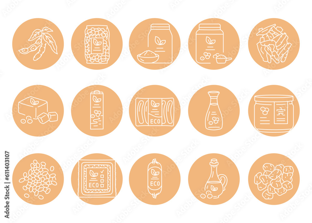 Soy products black line icons set. Soy products black line icons set.