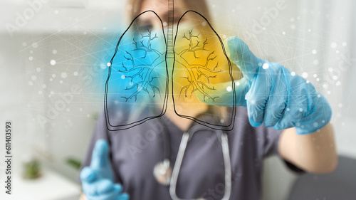 Healthcare and medicine, Covid-19, Doctor holding and diagnose virtual Human Lungs with coronavirus spread inside on modern interface screen on hospital background, Innovation and Medical technology.
