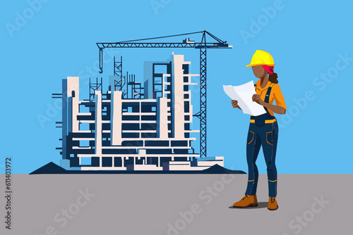 Scene of a builder looking at a blueprint and the building under construction in the background. Vector illustration